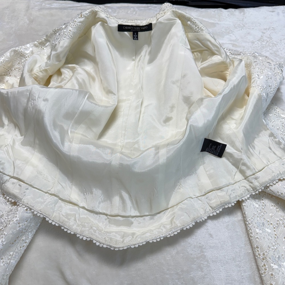 Carmen Marc Valvo Cream Eyelet Lace Beaded Sequin Evening Jacket Bolero 6 Formal - Picture 9 of 16